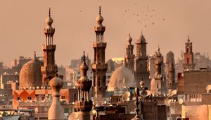 Preview wallpaper city, towers, roofs, architecture, aerial view, vintage