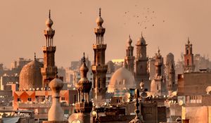 Preview wallpaper city, towers, roofs, architecture, aerial view, vintage