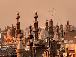 Preview wallpaper city, towers, roofs, architecture, aerial view, vintage