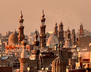 Preview wallpaper city, towers, roofs, architecture, aerial view, vintage