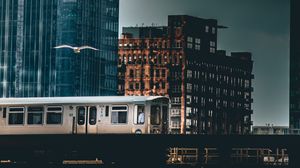 Preview wallpaper city, train, buildings, architecture, dark