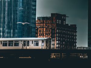 Preview wallpaper city, train, buildings, architecture, dark