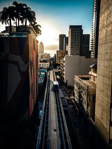 Preview wallpaper city, train, buildings, aerial view
