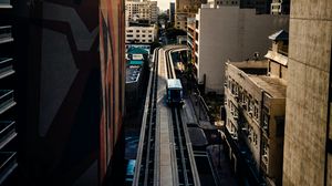 Preview wallpaper city, train, buildings, aerial view