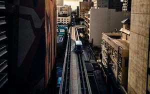 Preview wallpaper city, train, buildings, aerial view