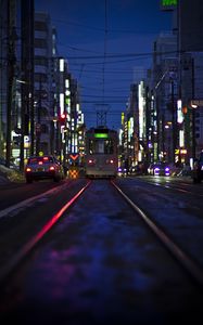 Preview wallpaper city, tram, rails, buildings, street, lights