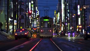 Preview wallpaper city, tram, rails, buildings, street, lights