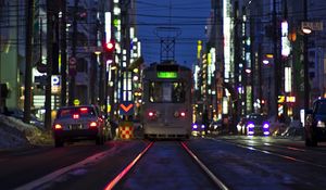 Preview wallpaper city, tram, rails, buildings, street, lights