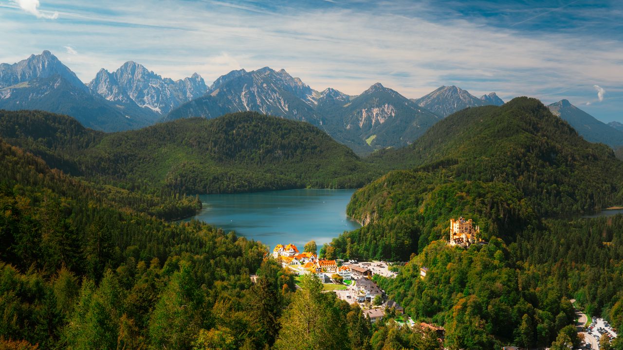 Wallpaper city, trees, forest, lake, mountains, clouds, sky, landscape