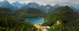 Preview wallpaper city, trees, forest, lake, mountains, clouds, sky, landscape