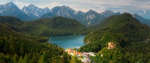 Preview wallpaper city, trees, forest, lake, mountains, clouds, sky, landscape