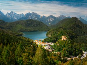 Preview wallpaper city, trees, forest, lake, mountains, clouds, sky, landscape