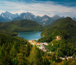 Preview wallpaper city, trees, forest, lake, mountains, clouds, sky, landscape
