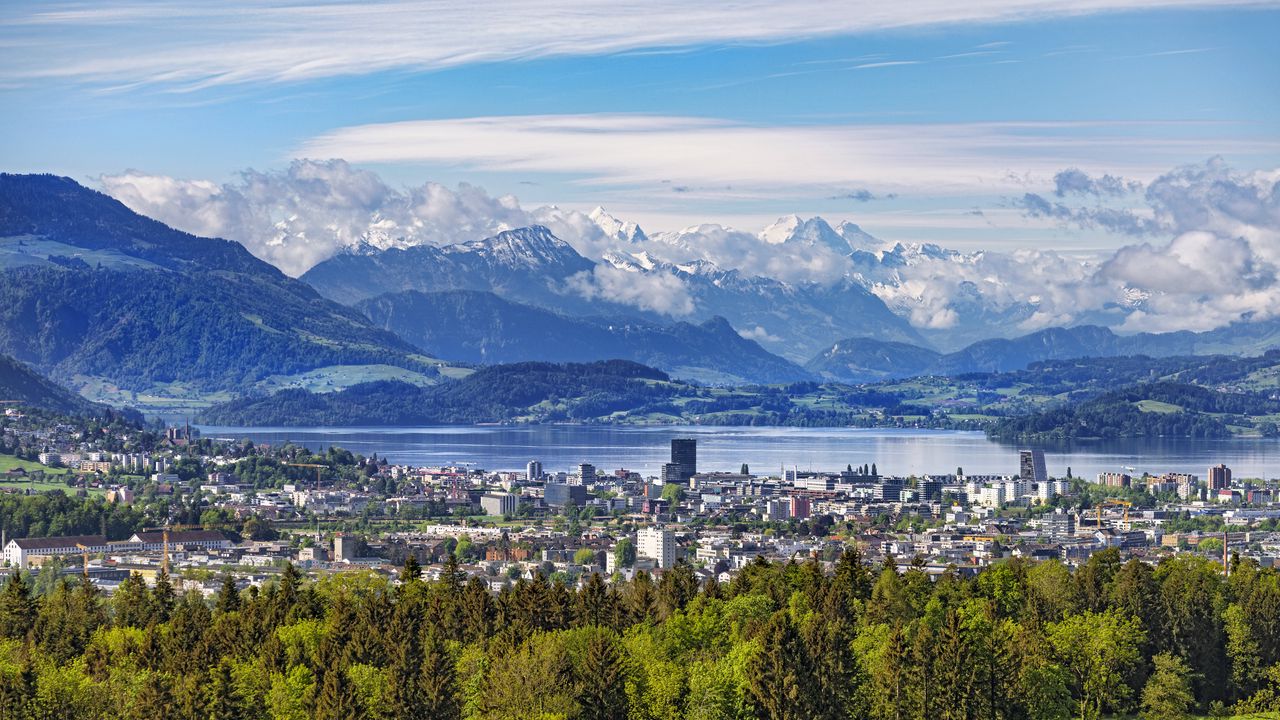 Wallpaper city, trees, mountains, snow, snowy, sky
