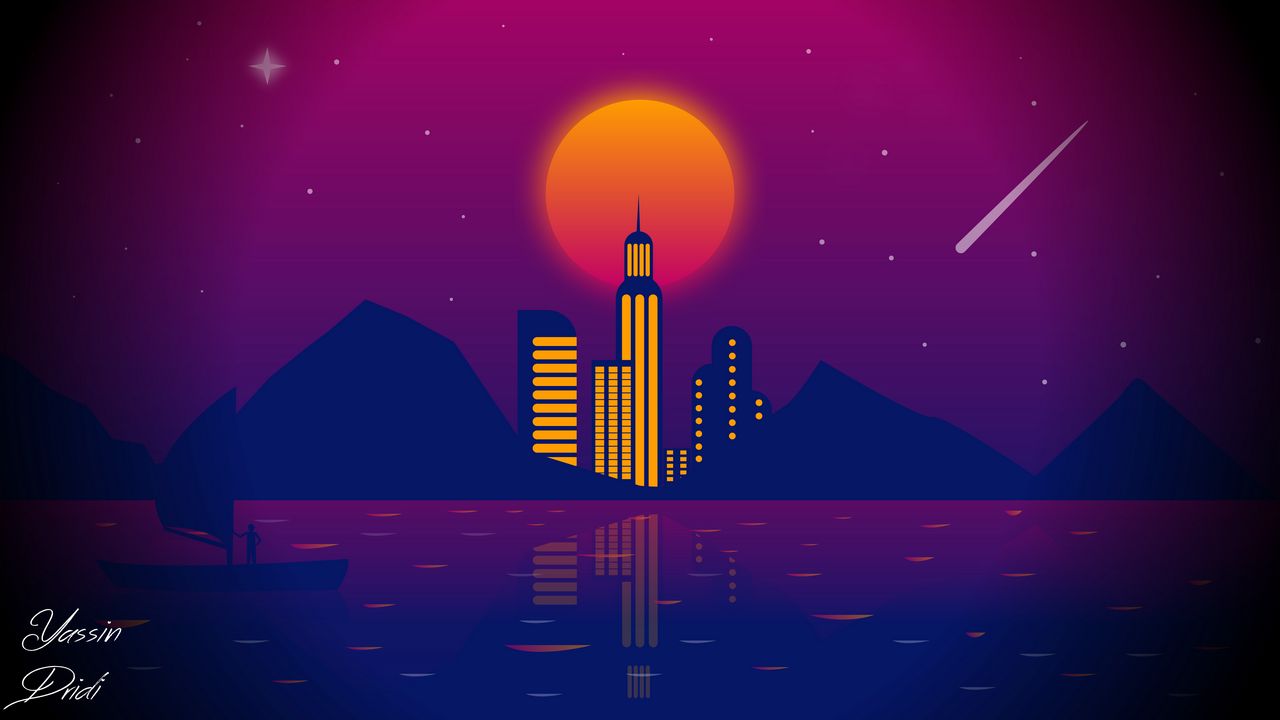 Wallpaper city, vector, art, night, moon