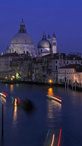 Preview wallpaper city, venice, the city on the water, italy, lights, bright, light, night, night city, water, lighting, house, building, construction, architecture, dome