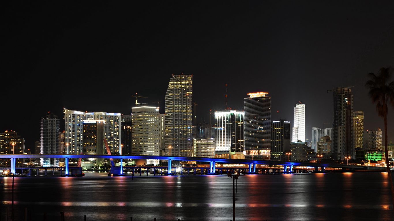 Download wallpaper 1366x768 city view, city nightlife, river, bridge ...