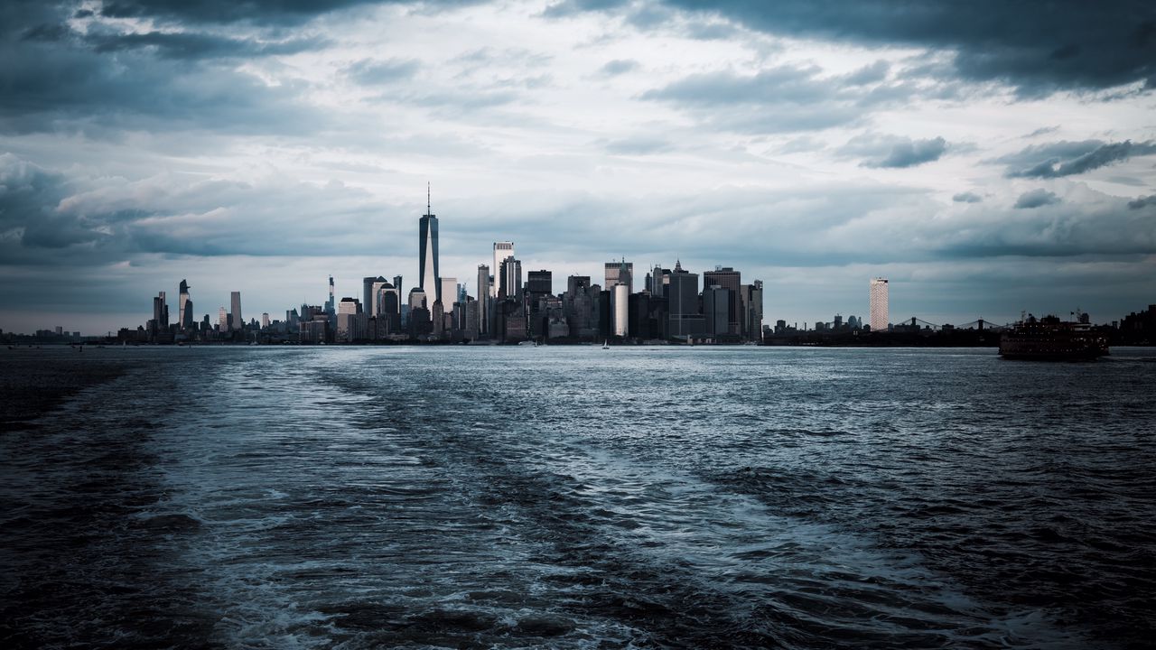 Wallpaper city, water, tower, horizon
