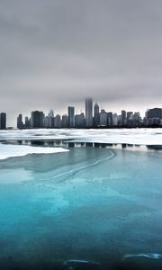 Preview wallpaper city, winter, ocean, coast, ice, fog, cold