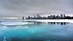 Preview wallpaper city, winter, ocean, coast, ice, fog, cold