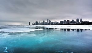 Preview wallpaper city, winter, ocean, coast, ice, fog, cold