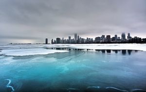 Preview wallpaper city, winter, ocean, coast, ice, fog, cold