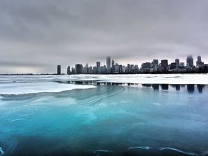 Preview wallpaper city, winter, ocean, coast, ice, fog, cold