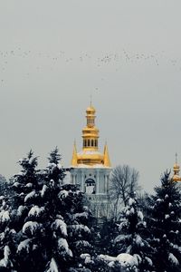 Preview wallpaper city, winter, snow, church, trees, pine trees, sky, flying, birds, mood