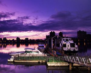 Preview wallpaper city, yacht, harbor, sea, evening