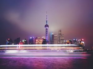 Preview wallpaper cityscape, architecture, lights, night, long exposure, metropolis, shanghai
