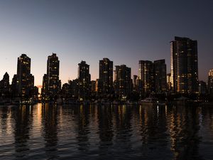 Preview wallpaper cityscape, river, sky, skyscrapers, reflection, evening, vancouver, canada