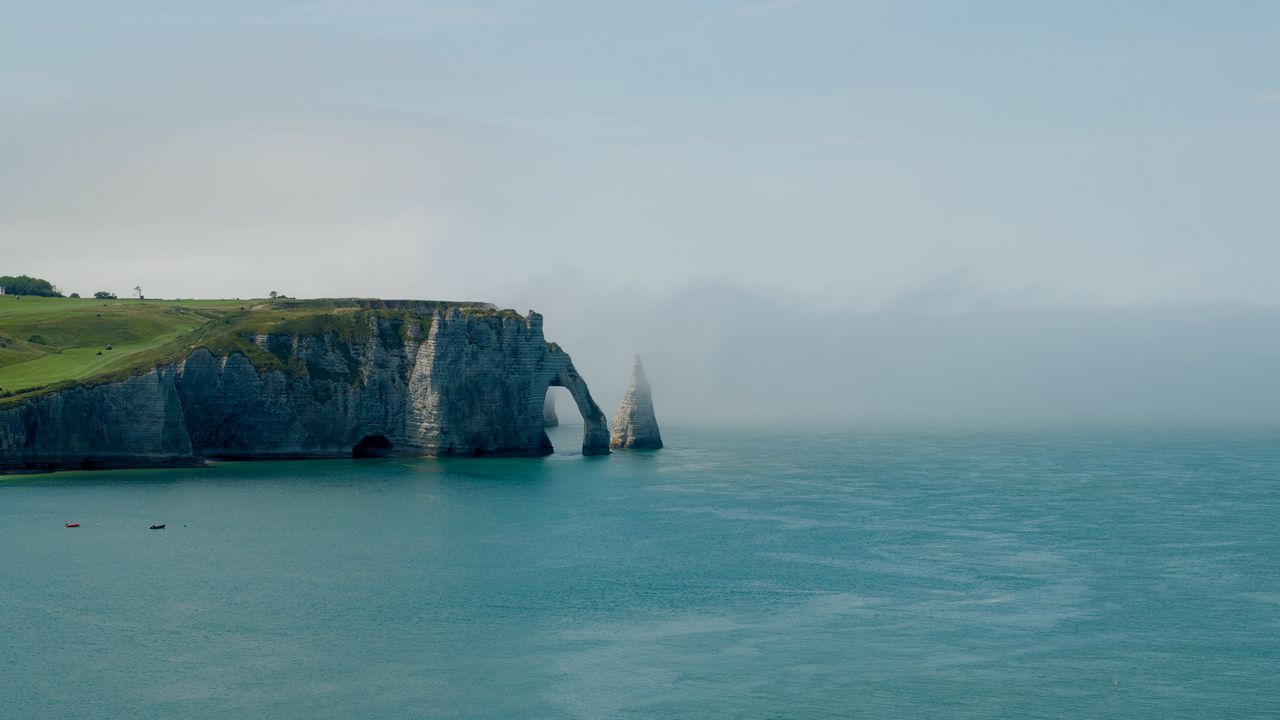 Wallpaper cliff, arch, sea, coast, fog, nature