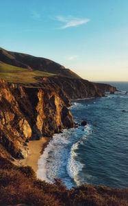 Preview wallpaper cliff, coast, mountains, sea, waves, foam