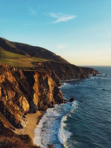 Preview wallpaper cliff, coast, mountains, sea, waves, foam