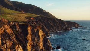 Preview wallpaper cliff, coast, mountains, sea, waves, foam