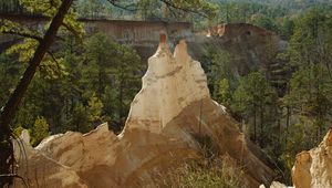 Preview wallpaper cliff, edge, mountains, trees, conifers