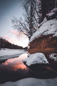 Preview wallpaper cliff, lake, trees, snow, winter, landscape