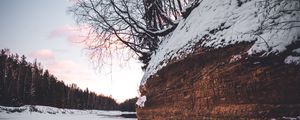 Preview wallpaper cliff, lake, trees, snow, winter, landscape