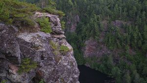 Preview wallpaper cliff, precipice, forest, river, nature, green