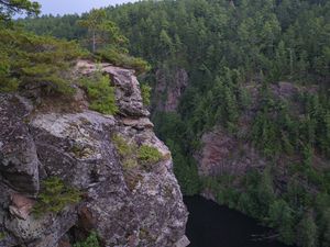 Preview wallpaper cliff, precipice, forest, river, nature, green