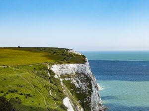 Preview wallpaper cliff, rock, coast, grass, sea