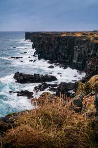 Preview wallpaper cliff, rock, sea, coast, waves