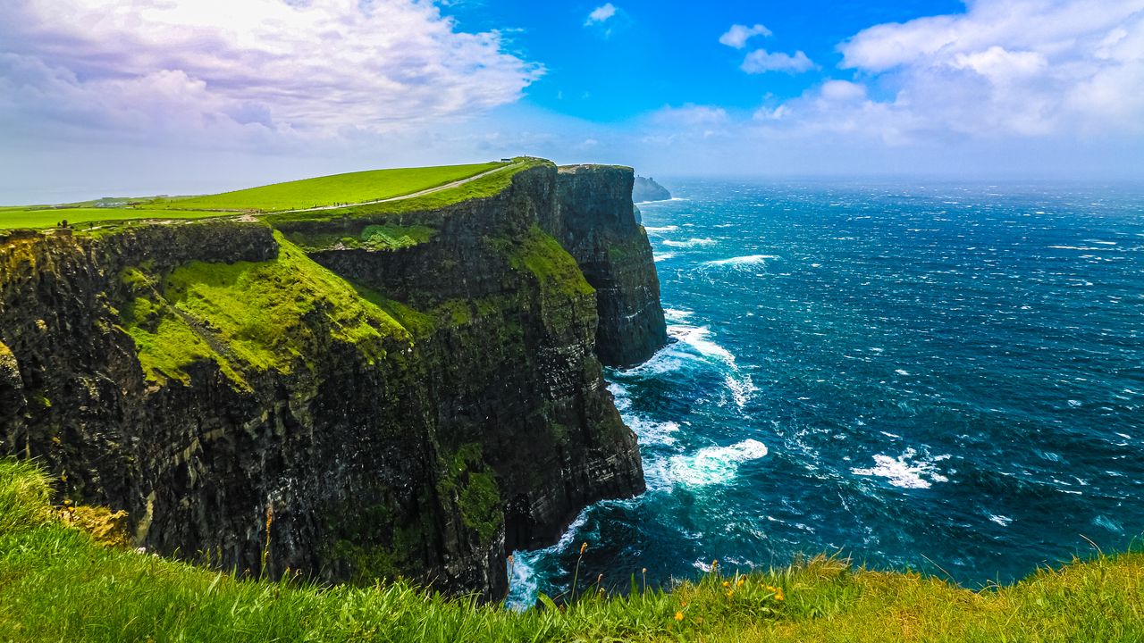 Wallpaper cliff, rock, surf, sea, grass