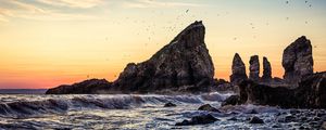 Preview wallpaper cliff, rock, waves, sea, sunset