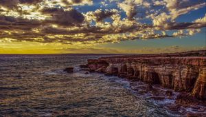 Preview wallpaper cliff, sea, shore, stones, sky, hdr