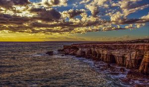 Preview wallpaper cliff, sea, shore, stones, sky, hdr