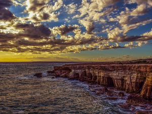 Preview wallpaper cliff, sea, shore, stones, sky, hdr