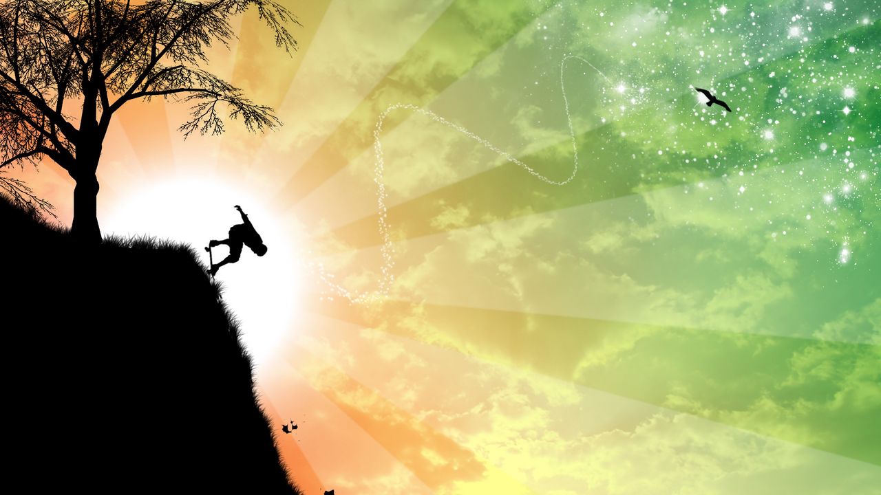 Wallpaper cliff, skateboarder, silhouette, tree, sun, art