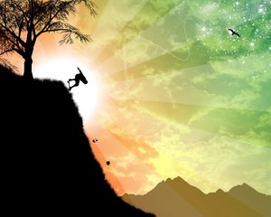 Preview wallpaper cliff, skateboarder, silhouette, tree, sun, art