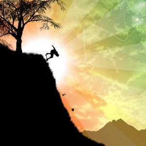 Preview wallpaper cliff, skateboarder, silhouette, tree, sun, art